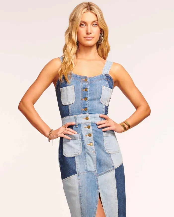 Women Monica Denim Midi Dress Patchwork Denim Ramy Brook Dresses