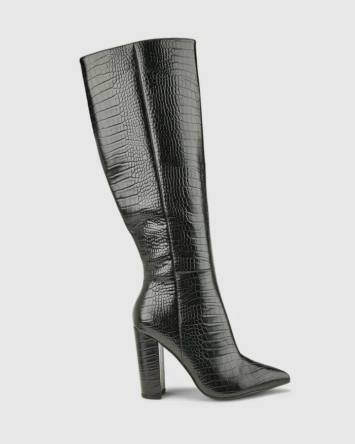 Women NOVO Shoes ODETTE Black Croc Long Boots Knee High Boots