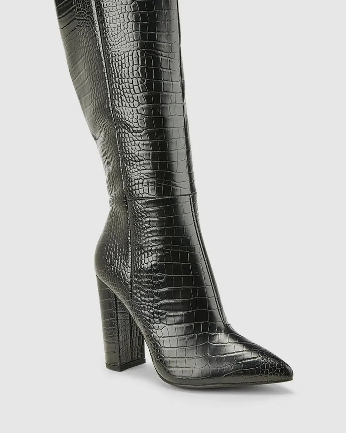 Women NOVO Shoes ODETTE Black Croc Long Boots Knee High Boots