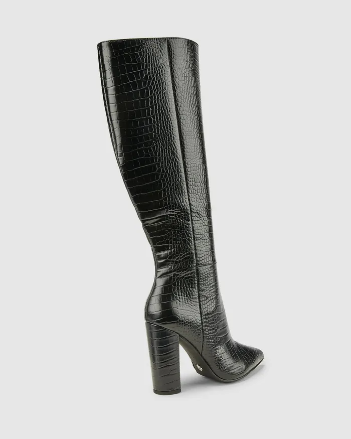 Women NOVO Shoes ODETTE Black Croc Long Boots Knee High Boots