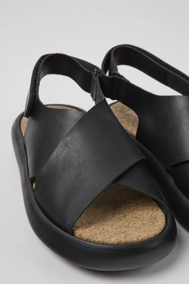Women Pelotas Flota Black Leather Sandals Camper Flat Shoes