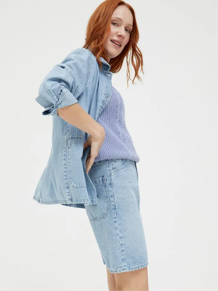 Women Skirts Fat Face Athena Blue Stripe Denim Skirt