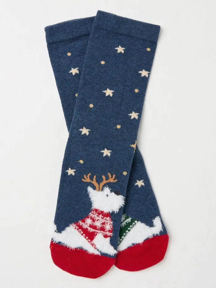 Women Socks and Tights Fat Face Blue Navy Festive Kissing Westie Dog Socks 1 Pack