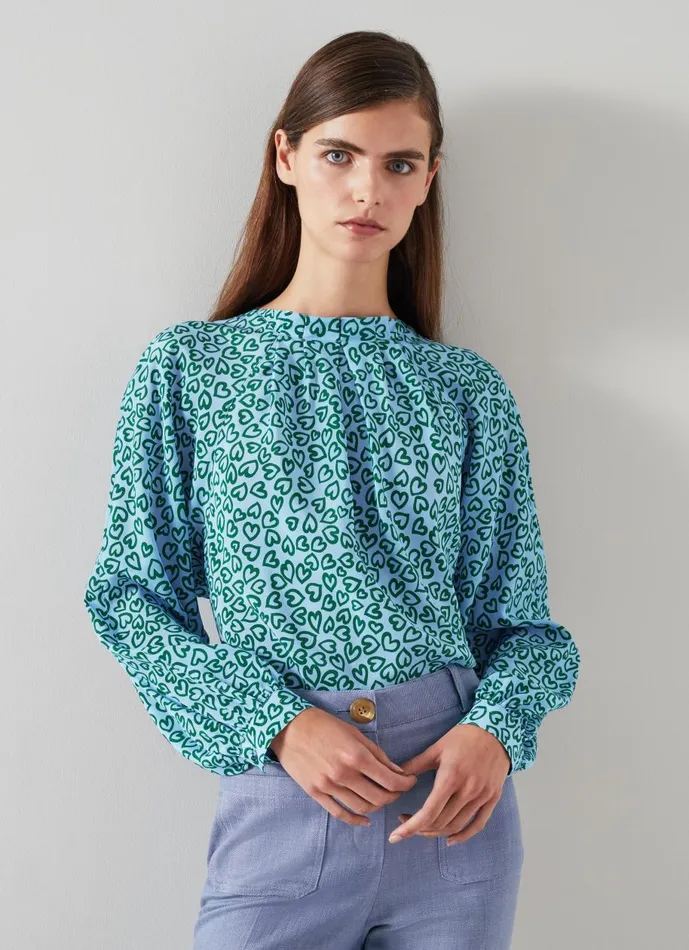 Women Tops LKBennett Edeline Blue And Green Heart Print Silk Top Green Blue
