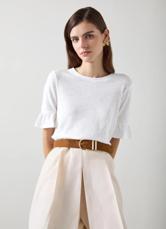 Women Tops LKBennett Gene Linen Frill TShirt In White White