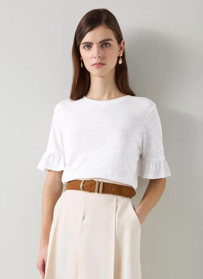 Women Tops LKBennett Gene Linen Frill TShirt In White White Women Tops LKBennett Gene Linen Frill TShirt In White White