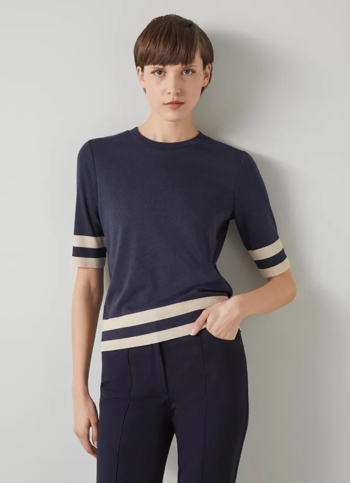 Women Tops LKBennett Michi Blue And Cream LyocellCotton Blend Top Cream