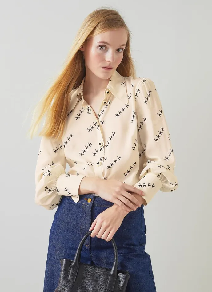 Women Tops LKBennett Sonya Monkey Print ViscoseSilk Blend Blouse Black