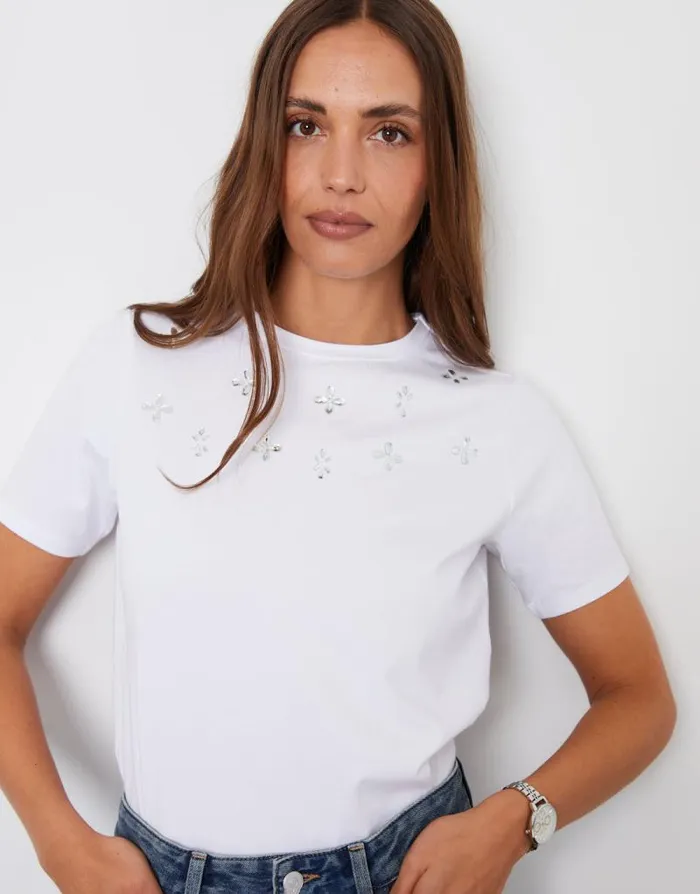 Women White Embellished TShirt Threadbare TShirts