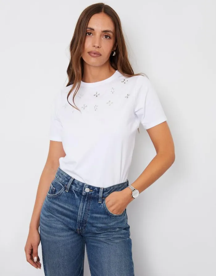 Women White Embellished TShirt Threadbare TShirts Women White Embellished TShirt Threadbare TShirts